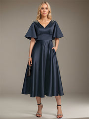 A-line V-Neck Tea-Length Satin Mother of the Bride Dress With Beading