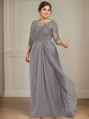 A-line Scoop Illusion Floor-Length Chiffon Lace Mother of the Bride Dress With Beading Sequins Cascading Ruffles