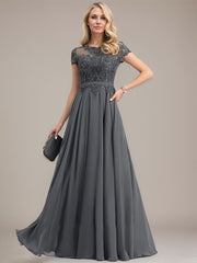 A-line Scoop Illusion Floor-Length Lace Chiffon Mother of the Bride Dress