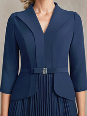 A-line Collared V-Neck Ankle-Length Chiffon Mother of the Bride Dress With Beading Pleated