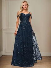 A-line V-Neck Floor-Length Lace Prom Dresses With Sequins