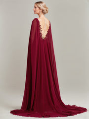 A-line V-Neck Sweep Train Lace Chiffon Evening Dress With Sequins