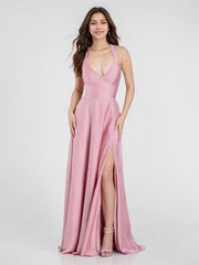 Lace-Up Satin A-Line Gown with Slit