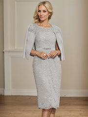 Sheath/Column Scoop Knee-Length Chiffon Lace Mother of the Bride Dress With Beading