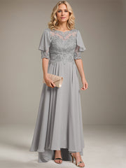 A-line Scoop Illusion Asymmetrical Chiffon Lace Mother of the Bride Dress With Beading