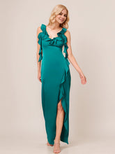 A-Line V-Neck Floor-Length Satin Evening Dress