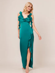 A-Line V-Neck Floor-Length Satin Evening Dress