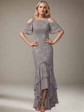 Trumpet/Mermaid Cold Shoulder Scoop Asymmetrical Lace Chiffon Mother of the Bride Dress With Ruffle