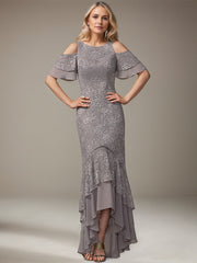 Trumpet/Mermaid Cold Shoulder Scoop Asymmetrical Lace Chiffon Mother of the Bride Dress With Ruffle