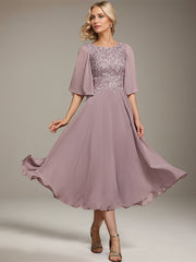 A-line Scoop Tea-Length Lace Chiffon Mother of the Bride Dress