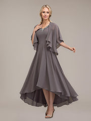 A-line V-Neck Asymmetrical Chiffon Mother of the Bride Dress With Beading Sequins