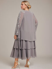 A-line Scoop Tea-Length Chiffon Mother of the Bride Dress With Cascading Ruffles