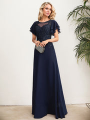 A-line Scoop Illusion Floor-Length Lace Chiffon Mother of the Bride Dress With Sequins