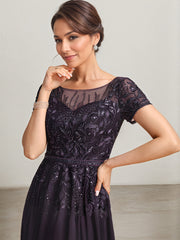 A-line Illusion Scoop Floor-Length Lace Chiffon Mother of the Bride Dress With Sequins