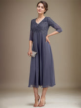 A-line V-Neck Tea-Length Chiffon Lace Mother of the Bride Dress With Beading