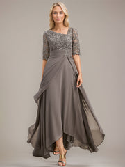 A-line Asymmetrical Asymmetrical Lace Chiffon Mother of the Bride Dress With Pleated Sequins