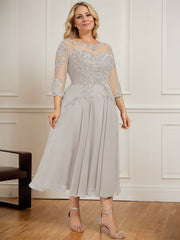 A-line Scoop Illusion Tea-Length Chiffon Lace Mother of the Bride Dress With Sequins Beading
