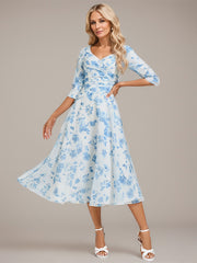 A-line V-Neck Tea-Length Chiffon Mother of the Bride Dress With Pleated