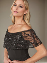 A-Line Sparkly Portrait Floor-Length Evening Dress