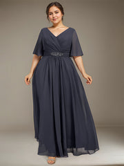 A-line V-Neck Ankle-Length Chiffon Mother of the Bride Dress With Pleated Beading Sequins