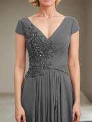 A-line V-Neck Floor-Length Chiffon Lace Mother of the Bride Dress With Sequins Beading Pleated