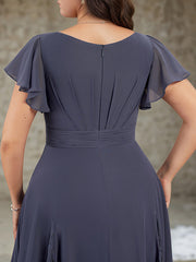 A-line V-Neck Asymmetrical Lace Chiffon Cocktail Dress With Pleated