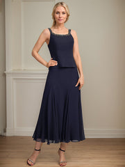 Separates A-line Scoop Tea-Length Chiffon Mother of the Bride Dress With Sequins Beading