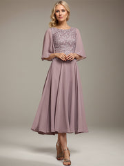 A-line Scoop Tea-Length Lace Chiffon Mother of the Bride Dress