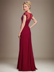 Sheath/Column Scoop Illusion Floor-Length Chiffon Lace Mother of the Bride Dress With Pleated Sequins Beading