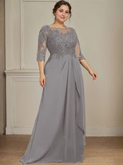 A-line Scoop Illusion Floor-Length Chiffon Lace Mother of the Bride Dress With Beading Sequins Cascading Ruffles