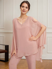 Separates Jumpsuit/Pantsuit V-Neck Floor-Length Chiffon Mother of the Bride Dress With Beading