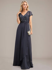 A-line V-Neck Floor-Length Chiffon Lace Mother of the Bride Dress With Beading Sequins Cascading Ruffles
