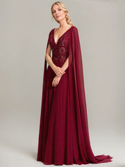 A-line V-Neck Sweep Train Lace Chiffon Evening Dress With Sequins