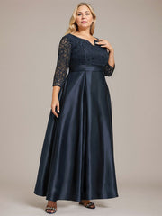 A-line V-Neck Ankle-Length Lace Satin Mother of the Bride Dress With Rhinestone