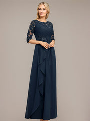 A-line Scoop Floor-Length Lace Chiffon Mother of the Bride Dress With Cascading Ruffles Sequins