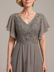 A-line V-Neck Ankle-Length Lace Chiffon Mother of the Bride Dress With Cascading Ruffles
