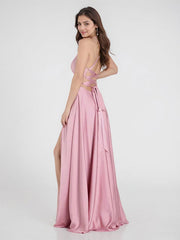 Lace-Up Satin A-Line Gown with Slit