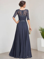 A-line Scoop Illusion Floor-Length Lace Chiffon Mother of the Bride Dress With Pleated Sequins