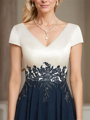 A-line V-Neck Tea-Length Satin Chiffon Mother of the Bride Dress With Appliques Lace
