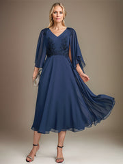 A-line V-Neck Tea-Length Chiffon Lace Mother of the Bride Dress With Sequins Beading