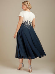 A-line V-Neck Tea-Length Satin Chiffon Mother of the Bride Dress With Appliques Lace