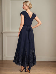 A-line V-Neck Ankle-Length Chiffon Mother of the Bride Dress With Bow Sequins Appliques Lace