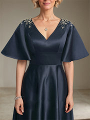 A-line V-Neck Tea-Length Satin Mother of the Bride Dress With Beading