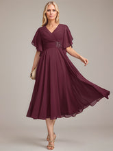A-line V-Neck Tea-Length Chiffon Mother of the Bride Dress With Pleated Beading