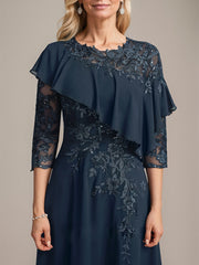 A-line Scoop Illusion Floor-Length Chiffon Lace Mother of the Bride Dress With Ruffle Sequins Beading