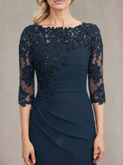 A-line Scoop Floor-Length Chiffon Lace Mother of the Bride Dress With Sequins Beading Pleated