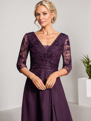 A-line V-Neck Asymmetrical Chiffon Lace Mother of the Bride Dress With Pleated Beading