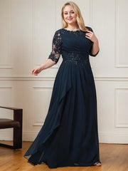 A-line Scoop Floor-Length Lace Chiffon Mother of the Bride Dress With Cascading Ruffles Sequins