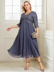 A-line V-Neck Tea-Length Chiffon Lace Mother of the Bride Dress With Beading