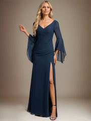 Sheath/Column V-Neck Floor-Length Chiffon Evening Dress With Pleated